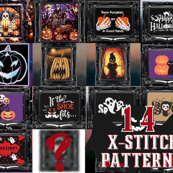 Halloween Cross Stitch Pattern Set-14 Designs Gift for Goth X-Stitch Funny Cross Stitch Halloween Cross Stitch Modern Ghost and Pumpkins