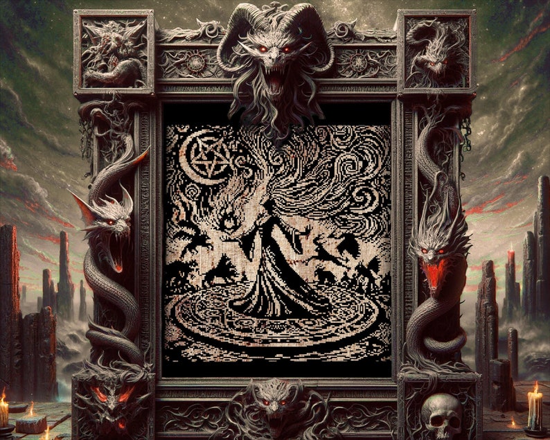 Woodcut Conjurer Witch Cross Stitch Pattern Horror Gift for Goth X-Stitch Witchy Occult  Spooky Wiccan Halloween Modern Xstitch Chart
