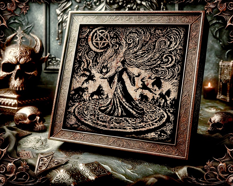 May include: A framed cross-stitch embroidery depicting a woman in a long flowing gown with her arms outstretched, standing in a circle with a pentagram and crescent moon above her. The background is a swirling pattern of dark grey and black.