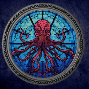 May include: A circular stained glass window with a red octopus in the center. The octopus has eight tentacles and is surrounded by blue and green glass.