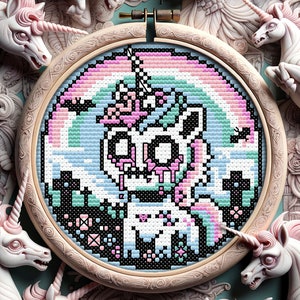 Pastel Goth Zombie Unicorn Cross Stitch Pattern Horror Gift for Goth X-Stitch Bats Spooky Funny Kawaii Cute Mini Cross Stitch Modern