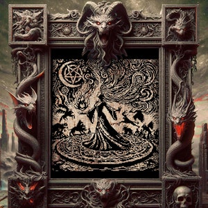 Puede incluir: Una obra de arte g&oacute;tica detallada que presenta una imagen central de una figura rodeada de llamas y s&iacute;mbolos dentro de un marco decorativo. El marco est&aacute; adornado con figuras demon&iacute;acas, dragones y calaveras, con un fondo oscuro y ominoso.