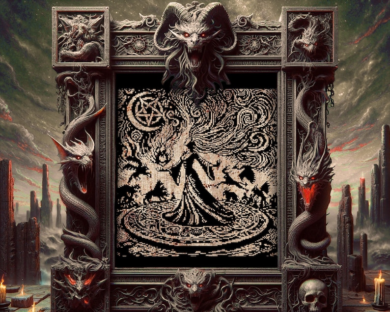 Puede incluir: Una obra de arte g&oacute;tica detallada que presenta una imagen central de una figura rodeada de llamas y s&iacute;mbolos dentro de un marco decorativo. El marco est&aacute; adornado con figuras demon&iacute;acas, dragones y calaveras, con un fondo oscuro y ominoso.