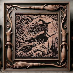 May include: A black and white illustration of a witch flying on a broomstick over a castle. The image is framed in a dark wood frame with ornate carvings of broomsticks.
