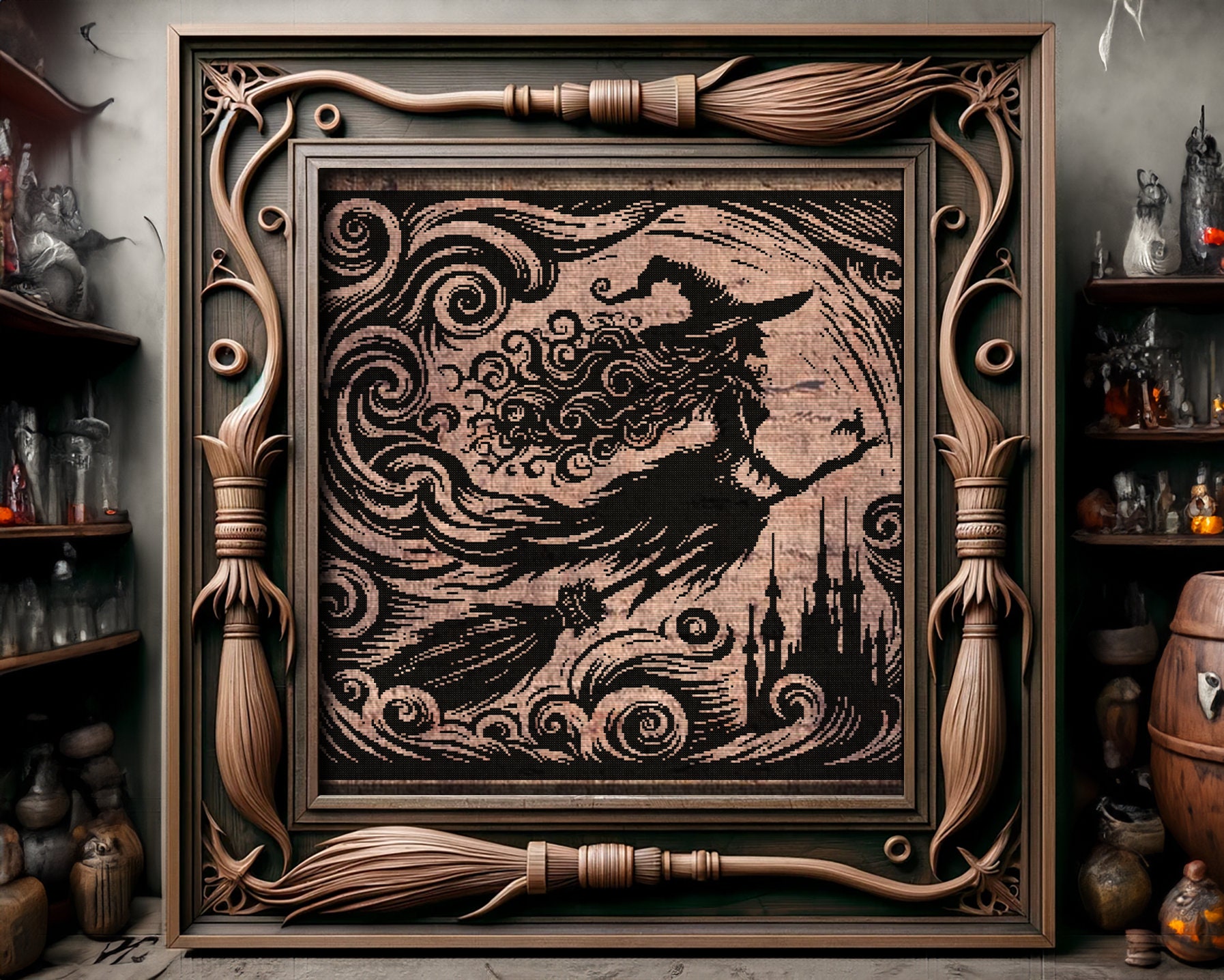The Flight of a Witch Woodcut Cross Stitch Pattern Horror Gift for