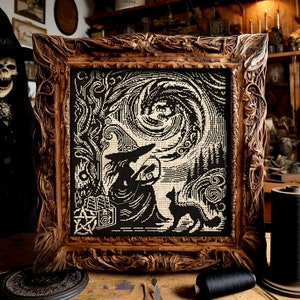 Wood Witch 2 Cross Stitch Pattern Horror Gift for Goth X-Stitch Witchy Raven Woodcut Spooky Owl Snake Cauldron Halloween Modern Xstitch Free Cross Stitch Pattern