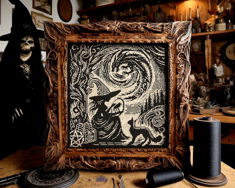 Wood Witch 2 Cross Stitch Pattern Horror Gift for Goth X-Stitch Witchy Raven Woodcut Spooky Owl Snake Cauldron Halloween Modern Xstitch Free Cross Stitch Pattern