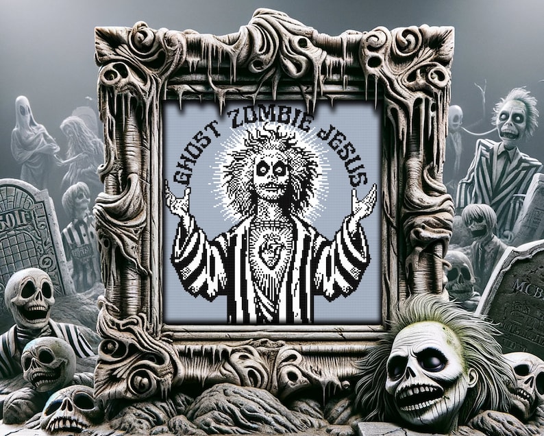 May include: A framed black and white illustration of a zombie Jesus with the text "Ghost Zombie Jesus" in a gothic font. The frame is ornate and silver, and the image is surrounded by a graveyard scene with skulls and tombstones.