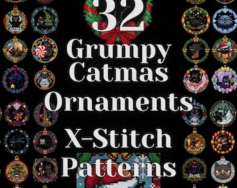 Grumpy Cat Xmas Ornament Cross Stitch Pattern Bundle Set-32 Designs Gift for Christmas Spooky Creepmas Funny Cute Pastel Goth Modern