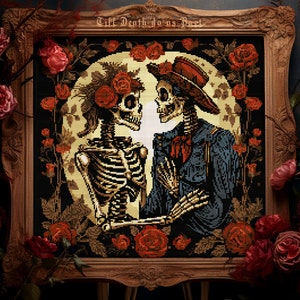 Skeleton Couple Cross Stitch Pattern Gothic Wedding Spooky Love Halloween Xstitch Witchy Dark Horror Roses Modern Cross Stitch Creepy Funny