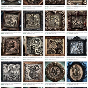 Puede incluir: Colecci&oacute;n de patrones de punto de cruz estilo xilograf&iacute;a con dise&ntilde;os de brujas. Cada obra de arte enmarcada muestra intrincadas ilustraciones en blanco y negro de brujas, demonios y escenas m&iacute;sticas. Se presentan una variedad de estilos y temas.