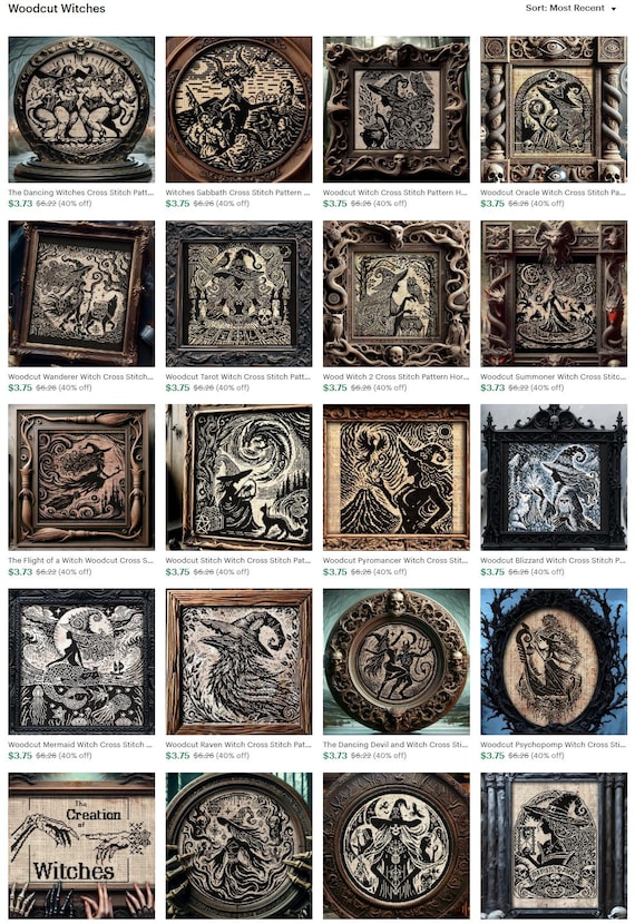 Woodcut Witches Cross Stitch Pattern Bundle Set-20 Designs Horror