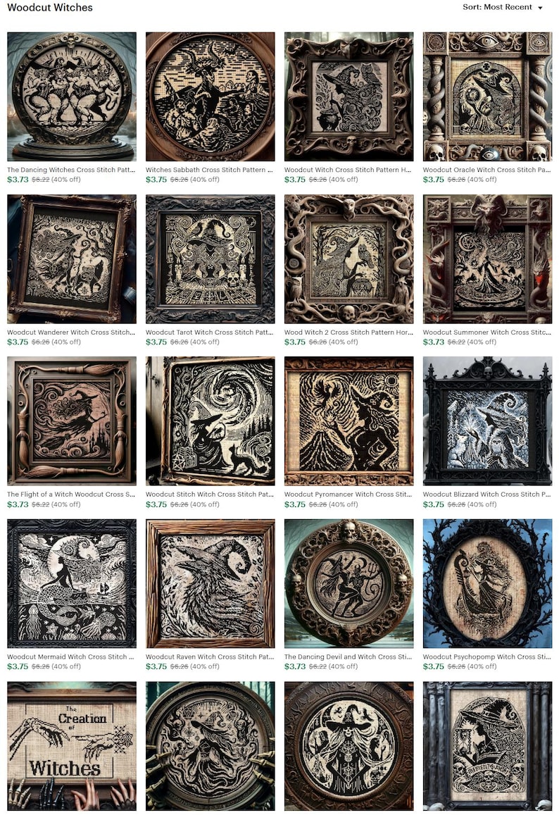 Puede incluir: Colecci&oacute;n de patrones de punto de cruz estilo xilograf&iacute;a con dise&ntilde;os de brujas. Cada obra de arte enmarcada muestra intrincadas ilustraciones en blanco y negro de brujas, demonios y escenas m&iacute;sticas. Se presentan una variedad de estilos y temas.