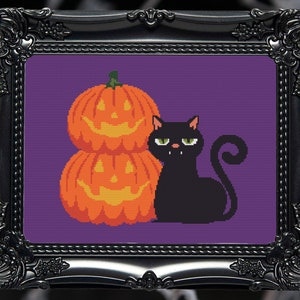 Halloween Pumpkin and Cat Cross Stitch Pattern Digital | Goth | Gothic | Creepy Death | Witch | Witchcraft| Zombie Spooky Xstitch PDF