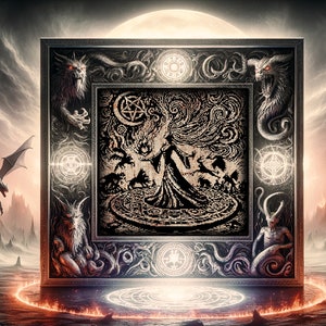 May include: A framed illustration of a woman in a long robe standing in a circle with a pentagram. The woman is surrounded by swirling clouds and other figures. The frame is ornate and features demonic figures and symbols.