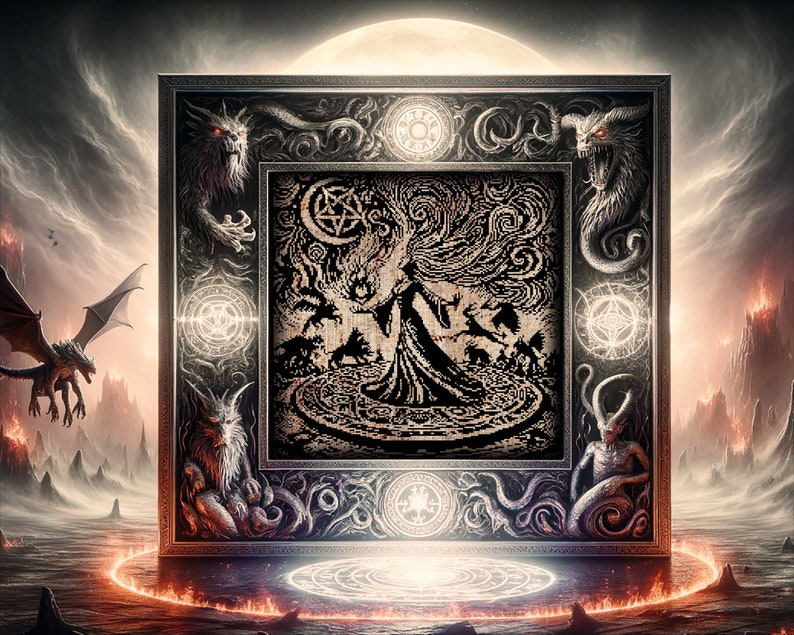 May include: A framed illustration of a woman in a long robe standing in a circle with a pentagram. The woman is surrounded by swirling clouds and other figures. The frame is ornate and features demonic figures and symbols.