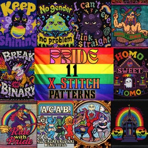 May include: A collection of eleven cross-stitch patterns featuring vibrant, colorful designs with themes of pride, including text like Keep Shining, No Gender No Problem, I Can't Think Straight, Break The Binary, Homo Sweet Homo, and Ride With Pride.