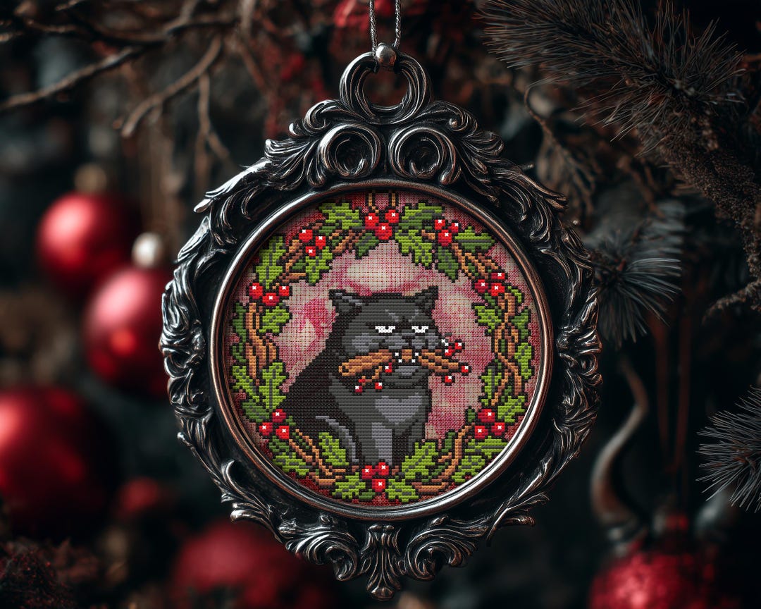 Grumpy Wreath Gift Cat Christmas Ornament Cross Stitch Pattern Snarky ...