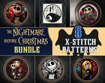 Conjunto de patrones de punto de cruz de Sally y Jack: 6 diseños, regalo para góticos, punto de cruz divertido, punto de cruz de Halloween, punto de cruz moderno