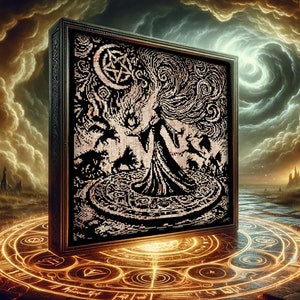 May include: A framed black and white pixel art image of a woman in a long robe standing in a circle with four wolves. The image is set against a swirling sky with a crescent moon and a pentagram.