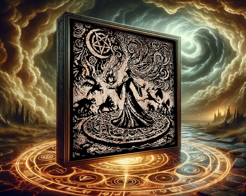 May include: A framed black and white pixel art image of a woman in a long robe standing in a circle with four wolves. The image is set against a swirling sky with a crescent moon and a pentagram.