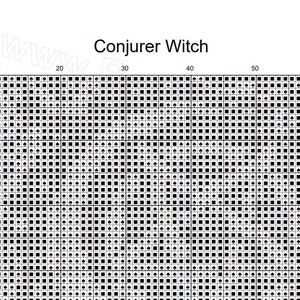 May include: Black and white pixel art pattern of a conjurer witch. The pattern is made up of small squares, with black squares representing the witch and white squares representing the background.
