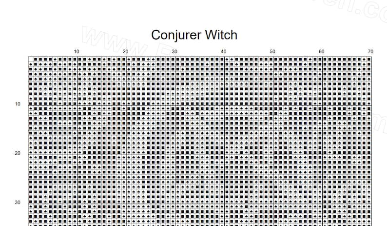 May include: Black and white pixel art pattern of a conjurer witch. The pattern is made up of small squares, with black squares representing the witch and white squares representing the background.