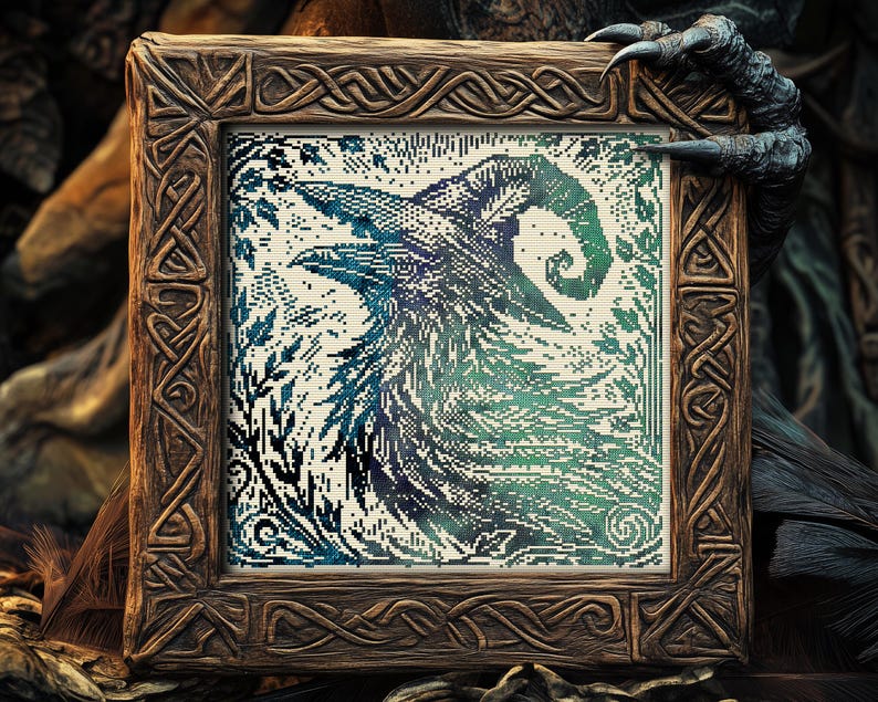 Woodcut Raven Witch Cross Stitch Pattern Horror Gift for Goth X-Stitch Witchy Woodcut Spooky Creepy Primitive Monochrome Halloween Modern Xstitch