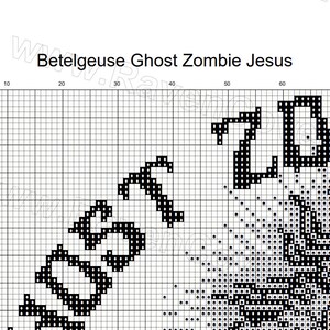 May include: Black and white pixel art design featuring the words "Betelgeuse Ghost Zombie Jesus".