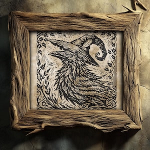 Woodcut Raven Witch Cross Stitch Pattern Horror Gift for Goth X-Stitch Witchy Woodcut Spooky Creepy Primitive Monochrome Halloween Modern Xstitch