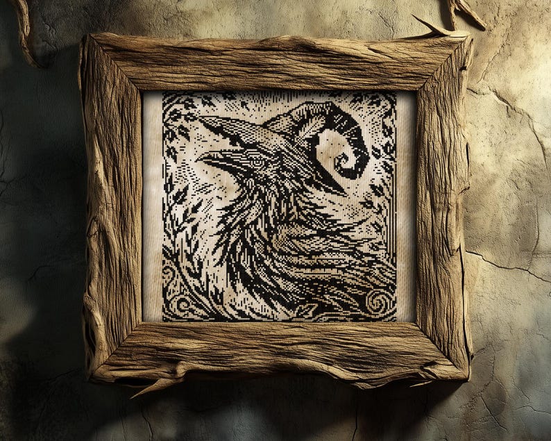 Woodcut Raven Witch Cross Stitch Pattern Horror Gift for Goth X-Stitch Witchy Woodcut Spooky Creepy Primitive Monochrome Halloween Modern Xstitch