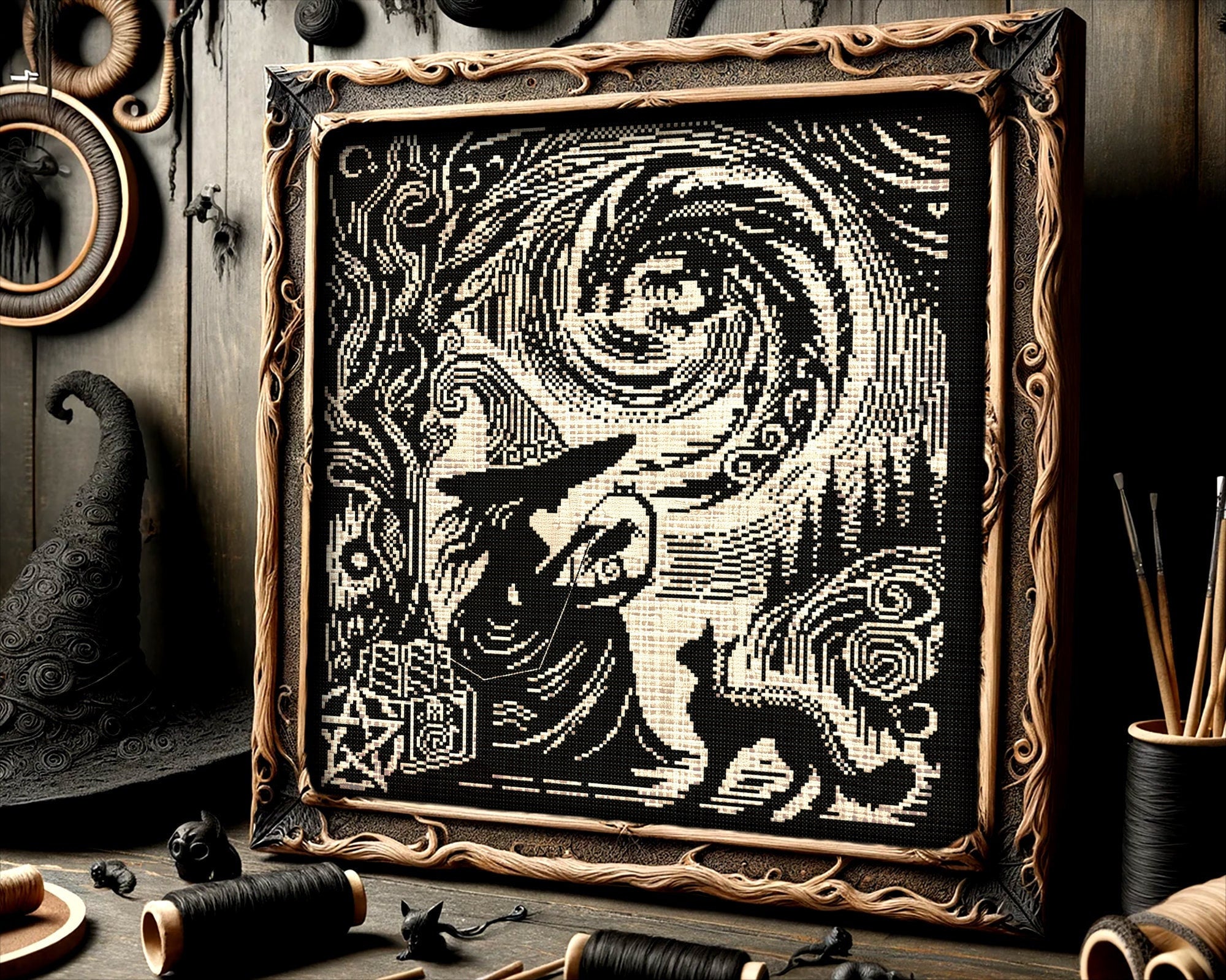Woodcut Stitch Witch Cross Stitch Pattern Horror Gift for Goth X-Stitch Witchy Raven Wood Witch Spooky Dragon Halloween Cat Modern Xstitch