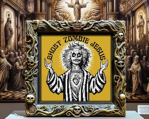 Betelgeuse Ghost Zombie Jesus Cross Stitch Pattern Horror Gift for Goth X-Stitch Witchy Creepy Spooky Woodcut Cross Stitch Halloween Modern