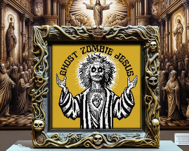 May include: A framed cross-stitch artwork depicting a zombie version of Jesus Christ with the text "Ghost Zombie Jesus" in a yellow circle around the figure. The frame is ornate and features a skull design.