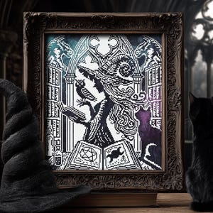 May include: A framed black and white cross-stitch artwork depicting a witch with an owl, a black cat, and an open book with occult symbols. A black witch's hat and a black cat are in the foreground. The artwork is in a dark, ornate frame.