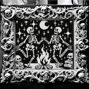 Woodcut Dancing Skeleton Cross Stitch Pattern Horror Gift for Goth X-Stitch Witchy Blackwork Spooky  Halloween Modern Xstitch Chart