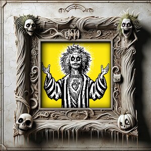 May include: A black and white illustration of a character with a crown of thorns and a heart on their chest, framed in a detailed ornate frame with skulls and pumpkins. The frame is against a gray background.