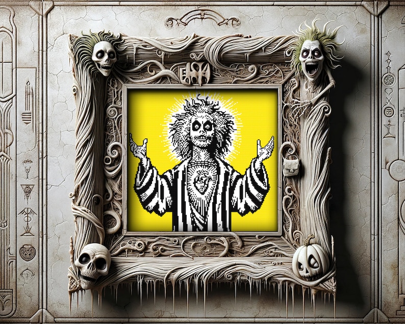 May include: A black and white illustration of a character with a crown of thorns and a heart on their chest, framed in a detailed ornate frame with skulls and pumpkins. The frame is against a gray background.