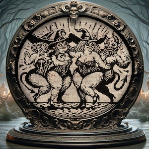 Puede incluir: Un marco redondo y ornamentado, coronado por una calavera, que muestra una imagen pixelada en blanco y negro de figuras bailando. El marco se asienta sobre una base decorativa, con un bosque de fondo. La imagen evoca un tema de Halloween o fantas&iacute;a.