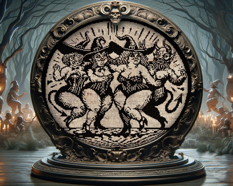 Puede incluir: Un marco redondo y ornamentado, coronado por una calavera, que muestra una imagen pixelada en blanco y negro de figuras bailando. El marco se asienta sobre una base decorativa, con un bosque de fondo. La imagen evoca un tema de Halloween o fantas&iacute;a.