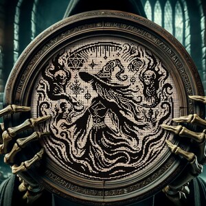 Puede incluir: Un dise&ntilde;o de punto de cruz redondo y enmarcado que presenta una bruja con cabello suelto y un sombrero puntiagudo, rodeada de patrones arremolinados y calaveras. El marco es sostenido por una mano esquel&eacute;tica, sobre un fondo g&oacute;tico oscuro.