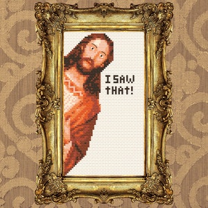 Peeking Jesus Cross Stitch Pattern Digital Snarky Funny Christ Xstitc Jesus Meme Humour I Saw That Modern Popular Sarcastic Peeping Christ