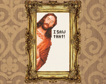 Peeking Jesus Cross Stitch Pattern Digital Snarky Funny Christ Xstitc Jesus Meme Humour I Saw That Modern Popular Sarcastic Peeping Christ