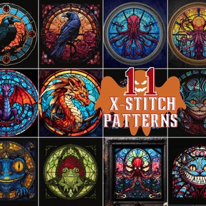 Stained Glass Animals Cross Stitch Pattern Set-11 Designs Gift for Goth X-Stitch Funny Cross Stitch Halloween Cross Stitch Modern