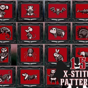 Skeleton Animal Cross Stitch Pattern Set-15 Designs Gift for Goth X-Stitch Witchy Spooky Funny Cross Stitch Halloween Cross Stitch Modern