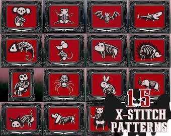 Conjunto de 15 diseños de punto de cruz con esqueleto de animal, regalo para gótico, punto de cruz, bruja, espeluznante, divertido, punto de cruz, Halloween, punto de cruz moderno.