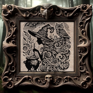 Woodcut Witch Cross Stitch Pattern Horror Gift for Goth X-Stitch Witchy Blackwork Spooky Owl Cauldron Halloween Modern Xstitch Chart