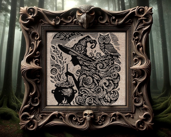 Woodcut Witch Cross Stitch Pattern Horror Gift for Goth X-stitch