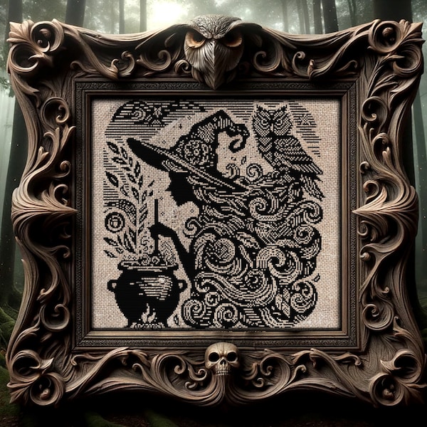 Houten heks kruissteek patroon horror cadeau voor Goth X-Stitch Witchy Blackwork Spooky Owl Cauldron Halloween moderne Xstitch grafiek