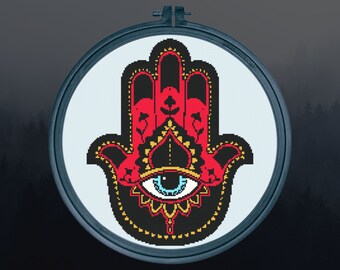 Hand of Hamsa, Fatima Cross Stitch Pattern Digital | Mystic | Ocult | Goth | Gothic | Creepy | Witch | Witchcraft | Esoterik Xstitch PDF